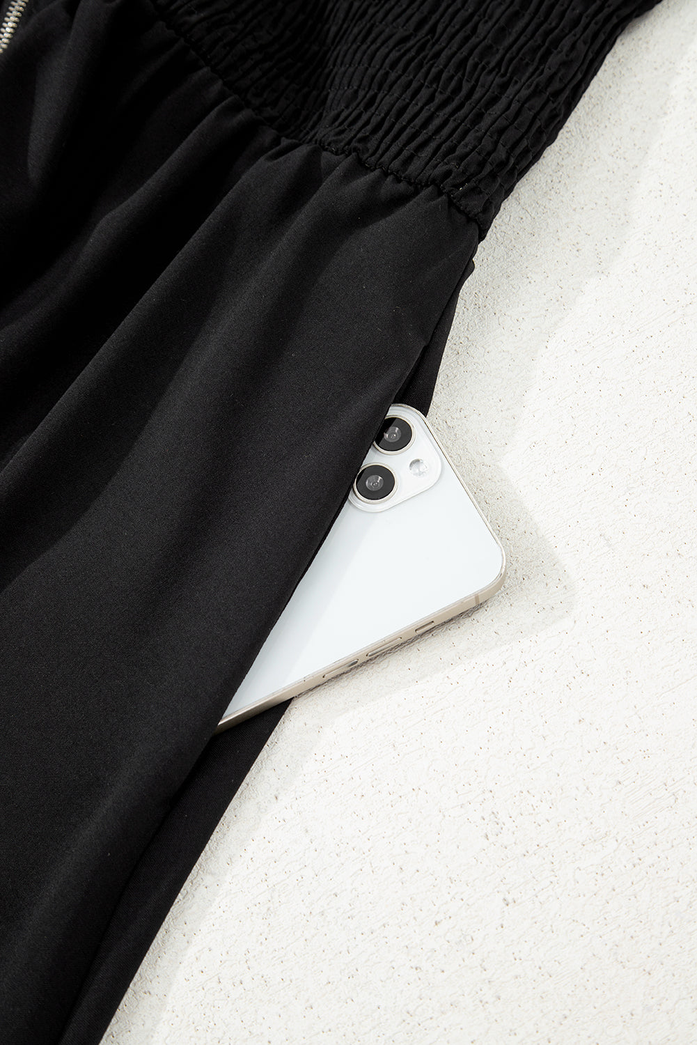 Black Sleeveless Zipped Front V Neck Shirred Waist Maxi Dress