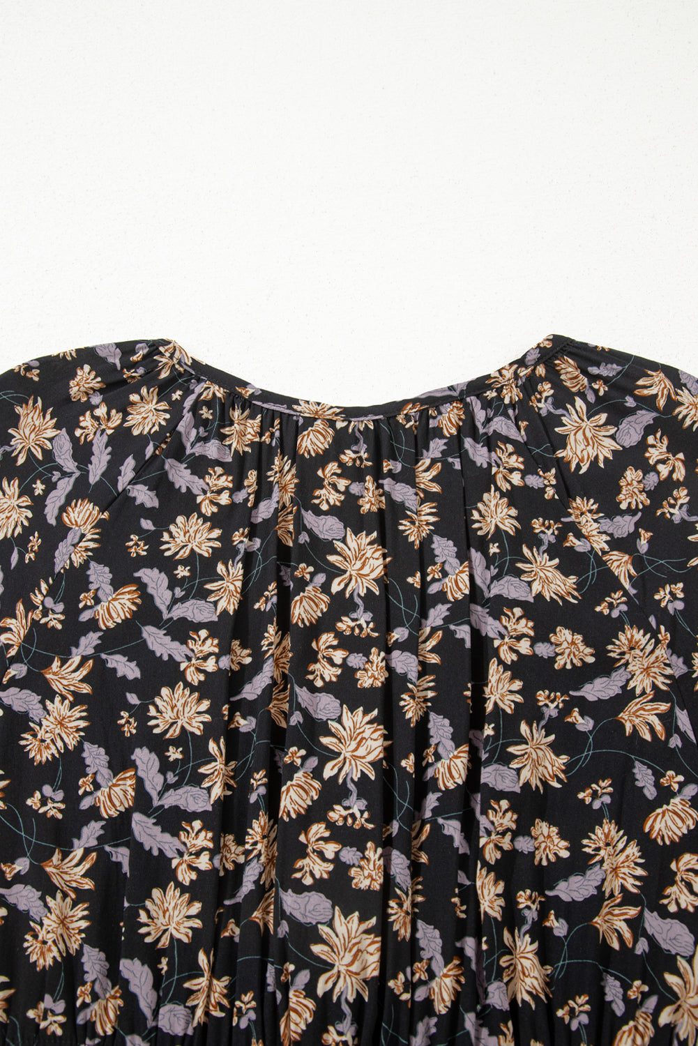 Black Floral Deep V Neck Smocked Bust Bubble Sleeve Babydoll Dress