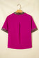 Violet Leopard Patchwork Trim Split Neck Short Sleeve Blouse