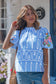 Sky Blue Unique Geometry Print Floral Embroidered Puff Sleeve Blouse