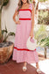 Red Stripe Bow Knot Straps Contrast Trim High Waist Ruffle Hem Maxi Dress