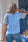 Sky Blue Unique Geometry Print Floral Embroidered Puff Sleeve Blouse