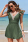 Mist Green Ruffled Short Sleeve Lace Trim V Neck One Piece Swim Dress