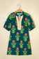 Green Floral Print Contrast Trim Striped Patchwork Short Sleeve Dress