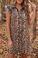 Khaki Leopard Print Lace Trim Shirt Collar Button Down Loose Mini Dress