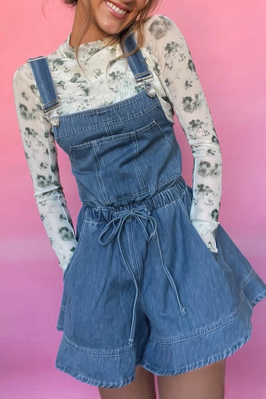 Sky Blue Buckle Straps Bib Style Drawstring Tied Backless Flared Denim Romper
