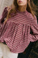 Coral Country Plaid Long Sleeve Button Keyhole Pleated Loose Blouse