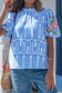 Sky Blue Unique Geometry Print Floral Embroidered Puff Sleeve Blouse