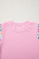 Pink Round Neck Textured Contrast Floral Bubble Sleeve Blouse