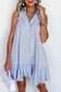 Sky Blue Stripe Shirt Collar Shirred Detail Ruffle Hem Sleeveless Dress