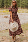 Red Vintage Plaid Knot Front Smocked High Waist Midi Dress