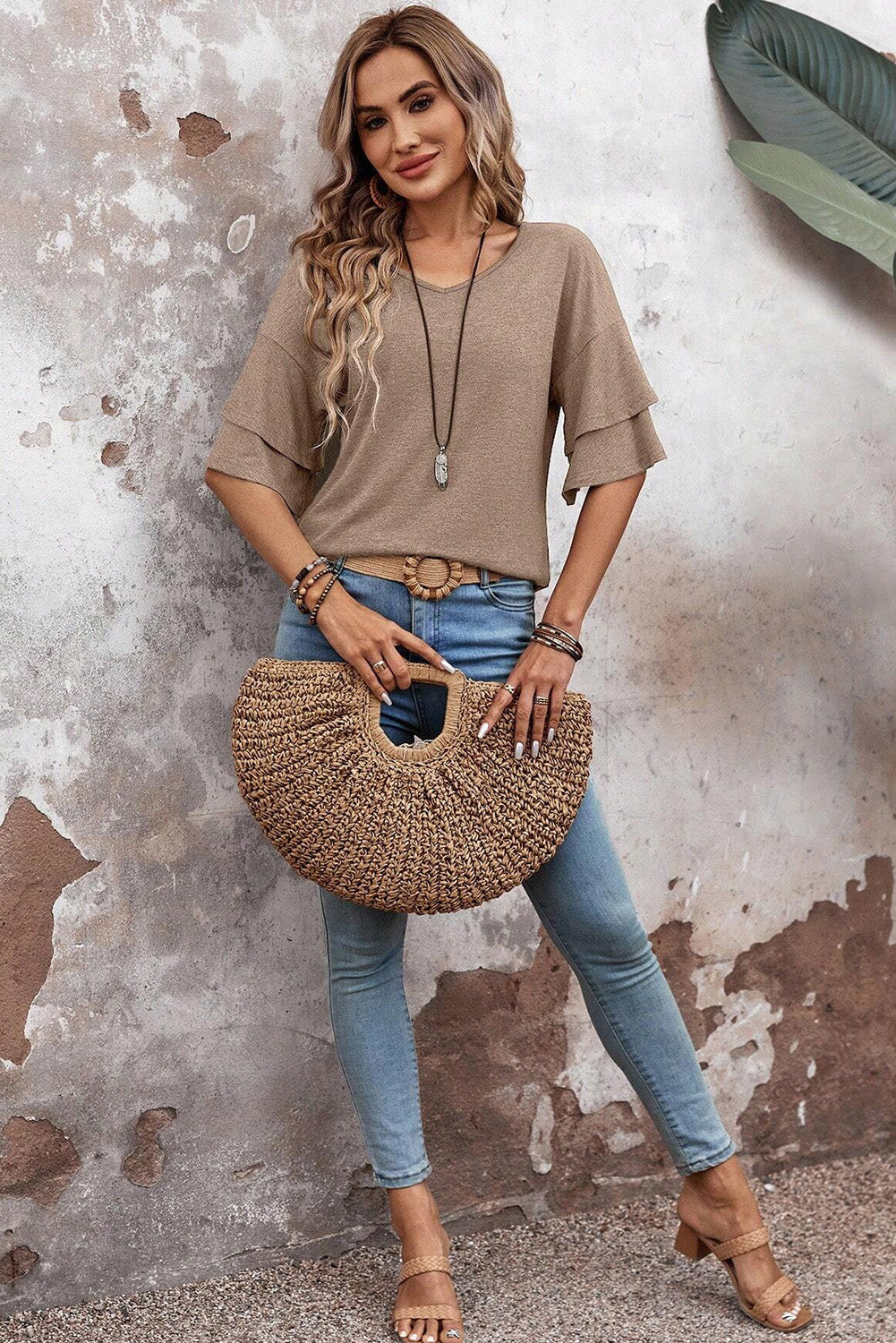 DUNE Solid Colour V-Neck Double Layer Sleeve Loose T-Shirt