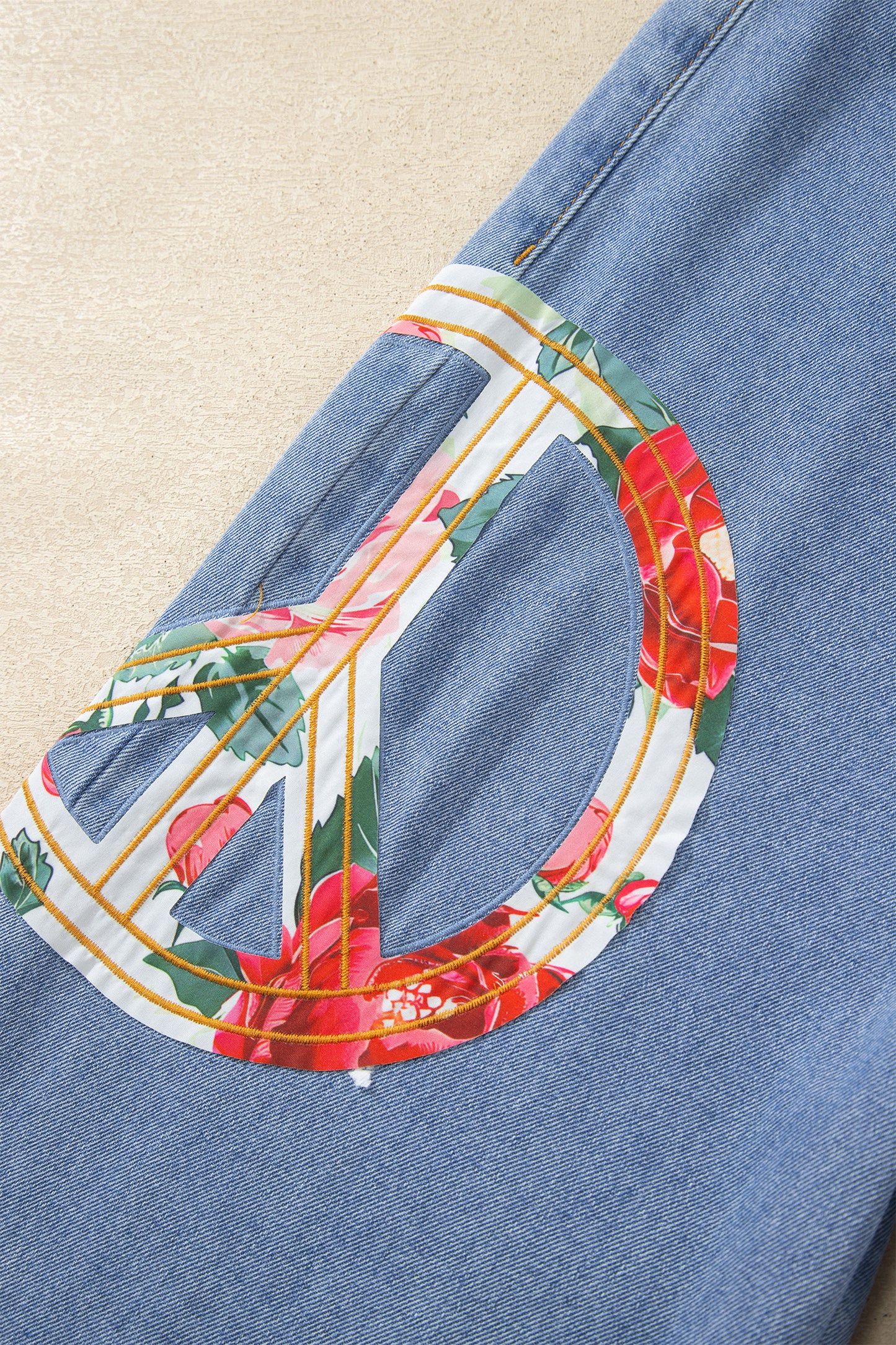 Myosotis Floral Peace Sign Embroidered Patch Wide Leg Jeans