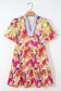 Rose Bright Floral Print Ricrac Trim Striped Patchwork V Neck Dress
