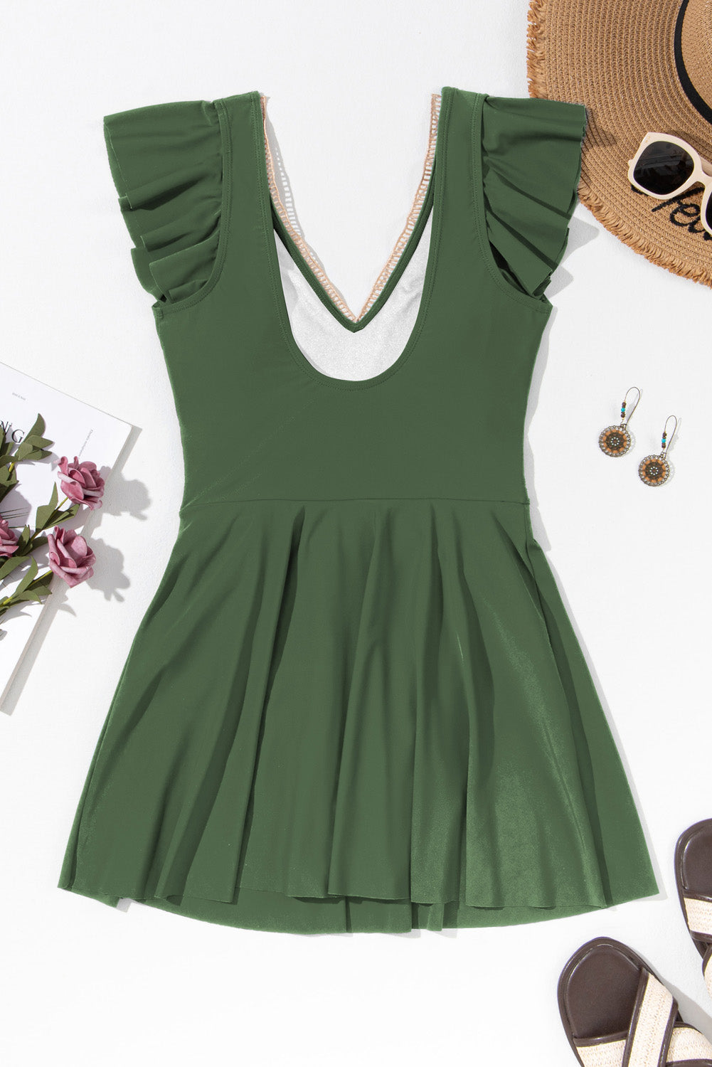 Mist Green Ruffled Short Sleeve Lace Trim V Neck One Piece Swim Dress