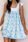 Sky Blue Floral Print Striped Patchwork Bow Knot Straps Mini Dress