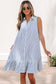 Sky Blue Stripe Shirt Collar Shirred Detail Ruffle Hem Sleeveless Dress