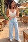 Beau Blue Studded Side Slit Leg Frayed Pocketed Wide Leg Jeans